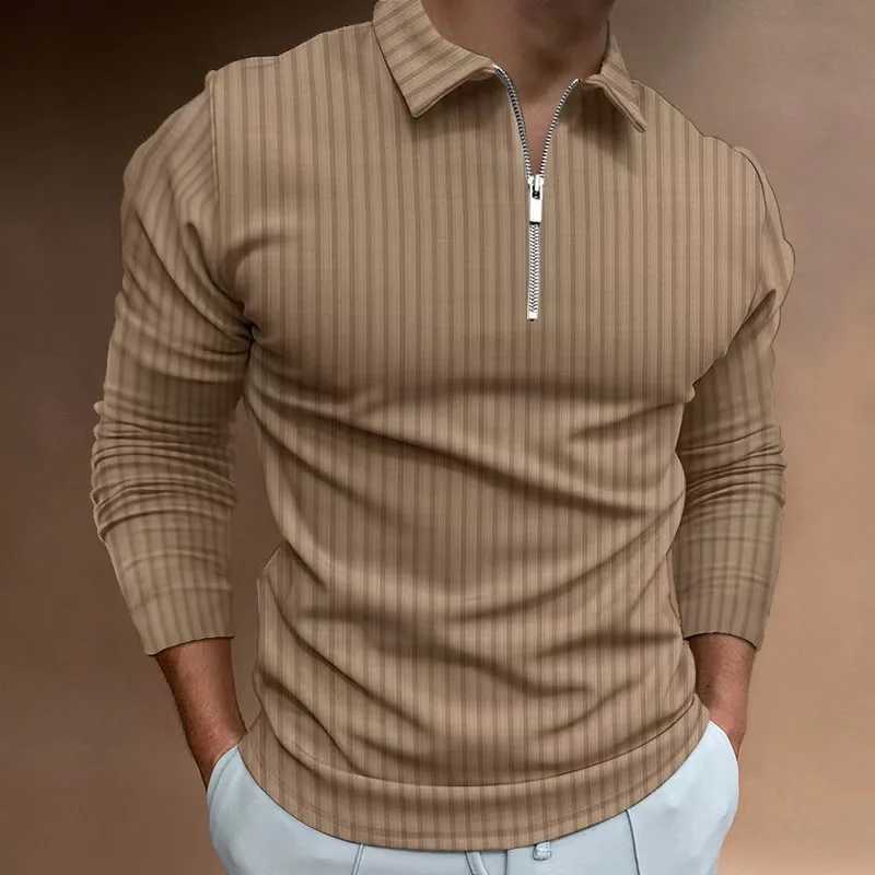 2024 new mens autumn and winter solid color lapel casual sports polo shirt with zipper long sleeves and high elasticity X250213