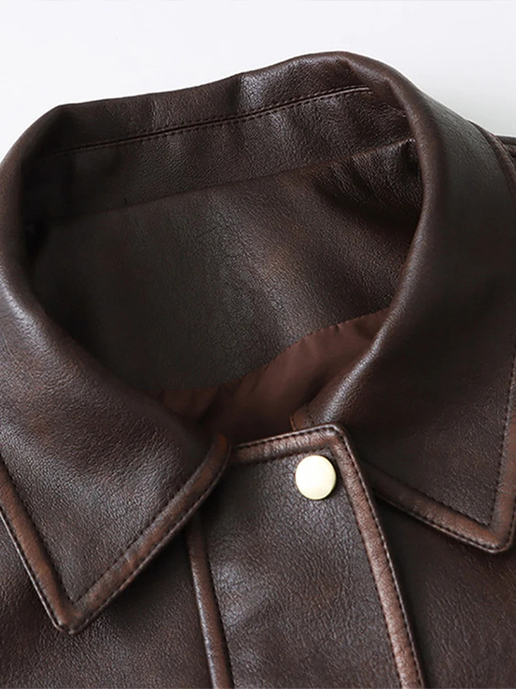 Vintage Women PU Leather Jacket Fashion Lapel Full Sleeve Zipper Packets Female Coat Autumn Locomotive Loose Ladies Streetwear 250213