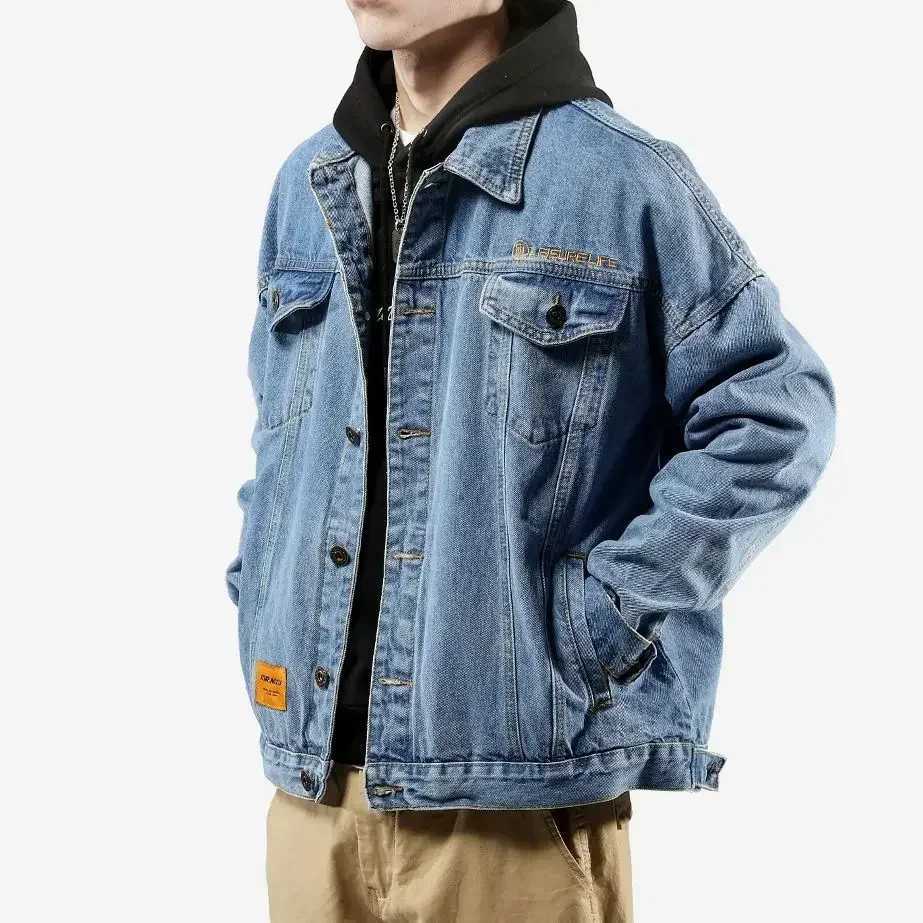 Blue With Embroidery Button Autumn Mens Denim Jacket Gray Male Jean Coats Low Price Elatic Loose Y2k Korea Cowboy X250213