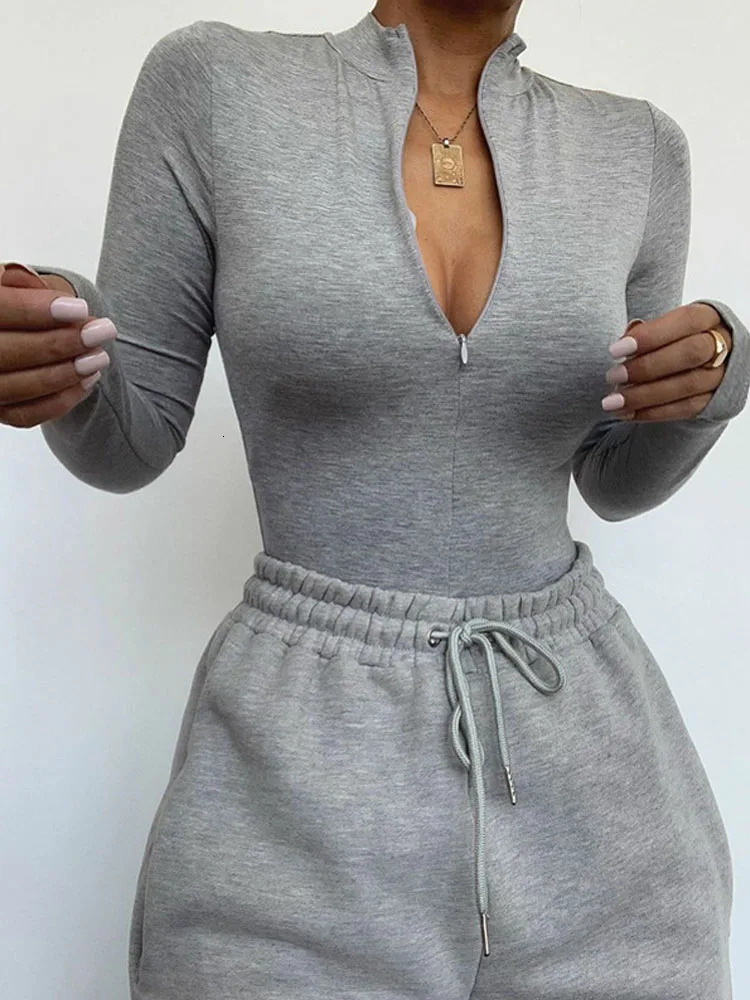 Solid Zipper Bodycon Bodysuits Women Sexy Mock Neck Autumn Long Sleeve Fashion Slim Basic Body Winter Gray Outfits Lady 250211