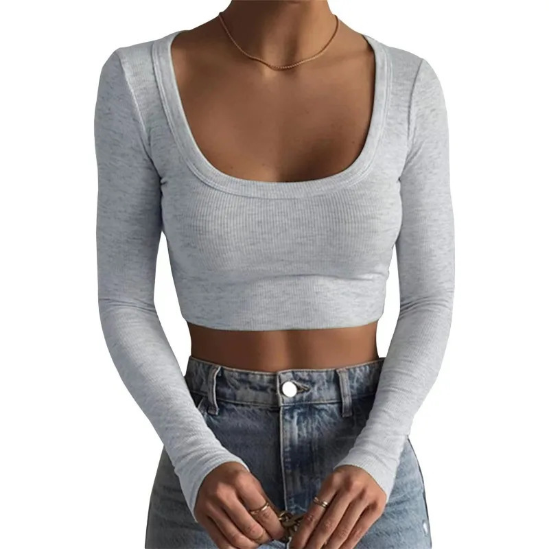 O Neck Long Sleeve Shirt Women Ribbed Sexy Cropped Tops Spring Black Casual Skinny Slim Basic Woman T Shirts White 250211