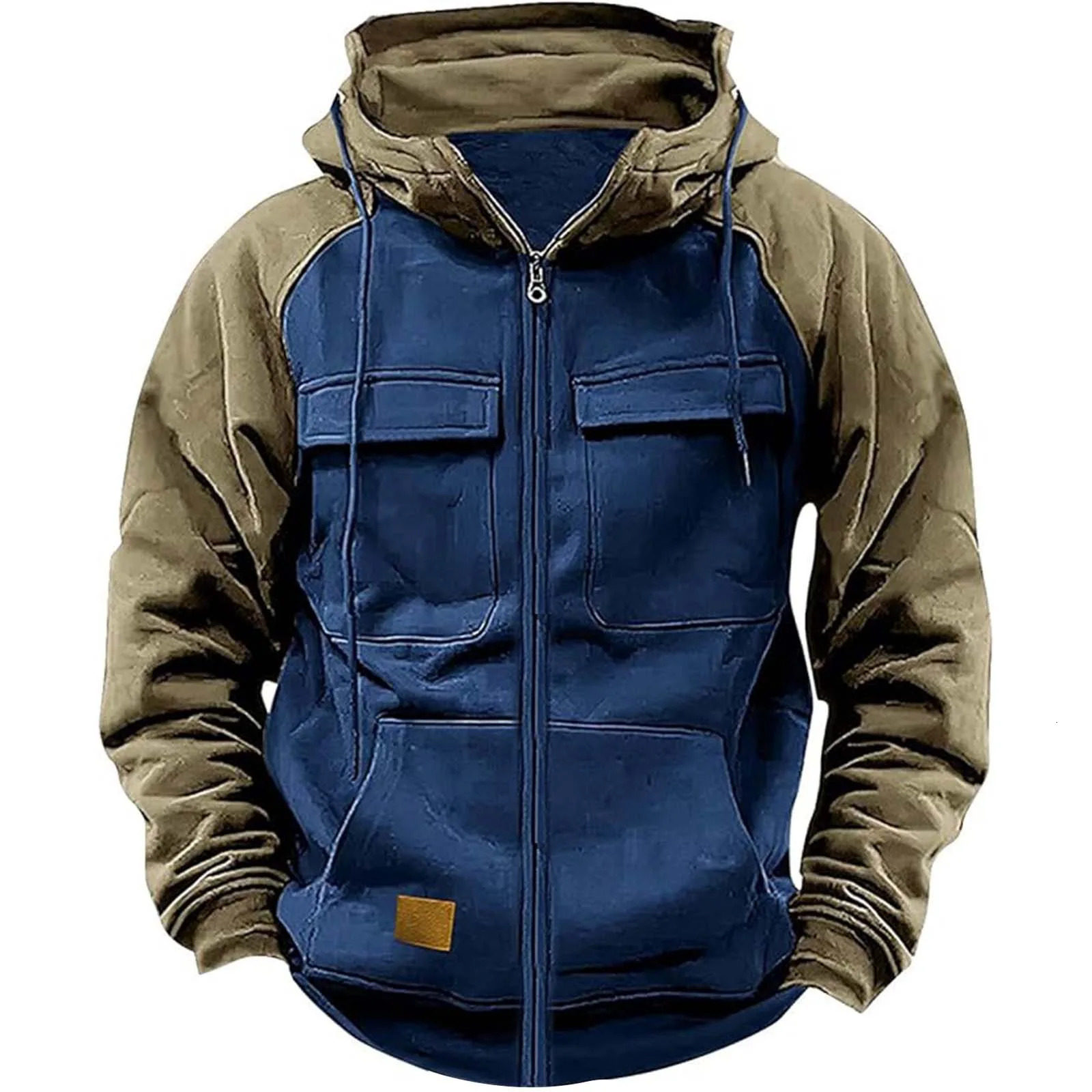 Autumn Winter Hoodies Men Zipper Patchwork Warm Fleece Sweatshirts Multi Pockets Male Fashion Hooded Jacket Thick Outdoor Hoodie 250213