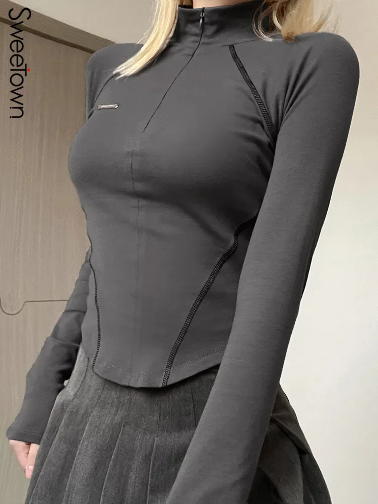 Casual Zip Up Turtleneck Crop Top Stitched Long Sleeve Skinny Tshirts y2k Aesthetic Streetwear Harajuku Women Clothing 250114