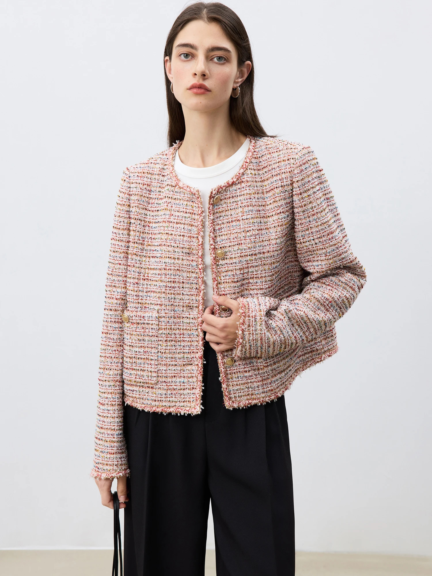 ZIQIAO Women T Jackets Spring Casual Short Coats Front Shoulder Round Neck Pink Jacket 25ZQ91184 250122