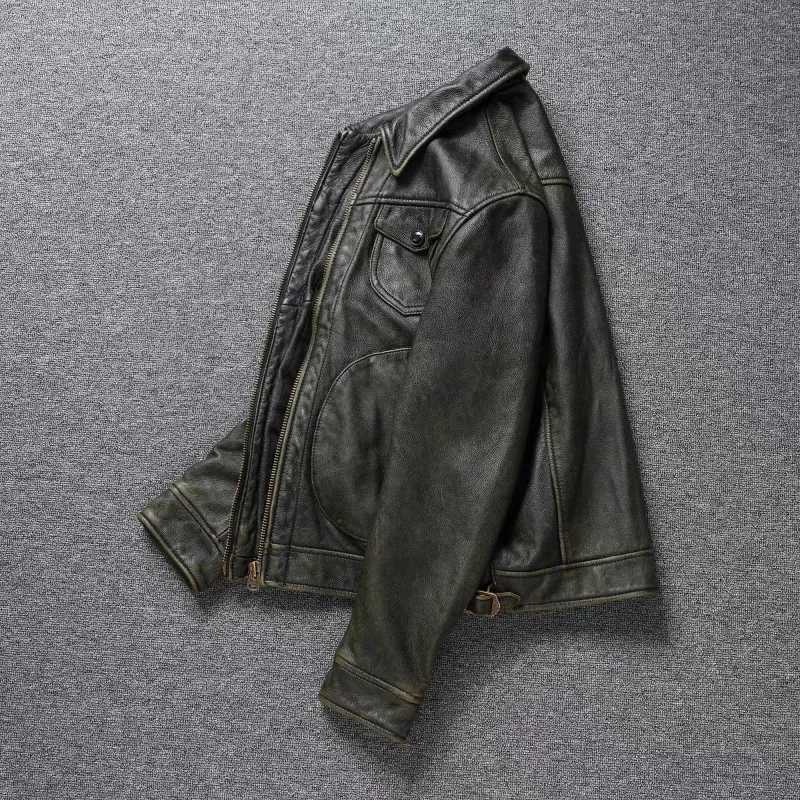 American leather jacket mens motorcycle jacket retro Distressed graphite olive green ultra-thin lapel jacket new style X250213