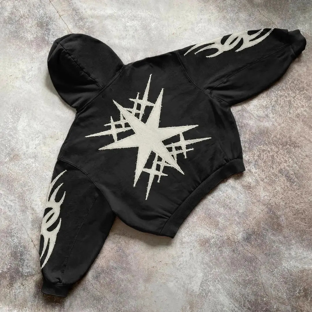 Y2k Retro Black Star Patchwork Hoodie Fashion Loose Oversized Embroidered Hooded Sweatshirt Gothic Streetwear Men Clothing 250210