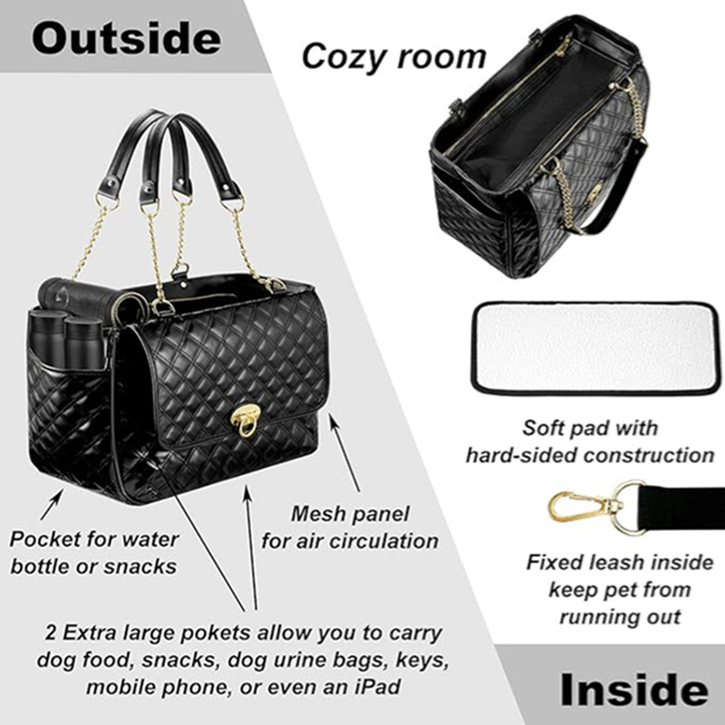 Fashion Dog Carrier Handbag for Puppy with 2 Super-Large Pockets, Holds Up to 10lbs PU Leather Pet Carrier, Cat Carrier, Airline Approved Puppy Purse 