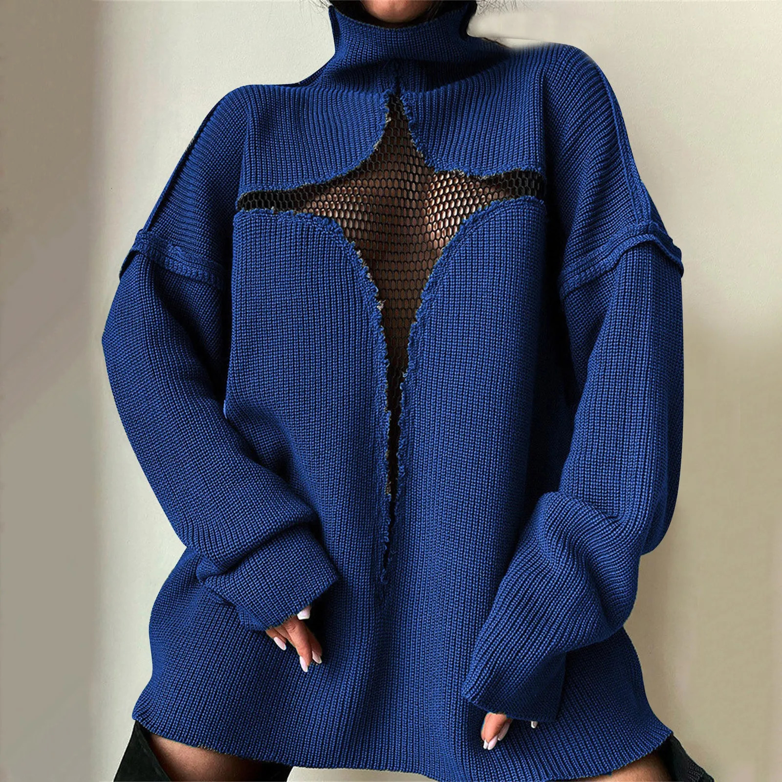 Womens Sexy Mesh Loose Knitted Hollow Pullover High Neck Sweater Autumn And Winter Jumper Knitwear Turtleneck Streetwear 250210