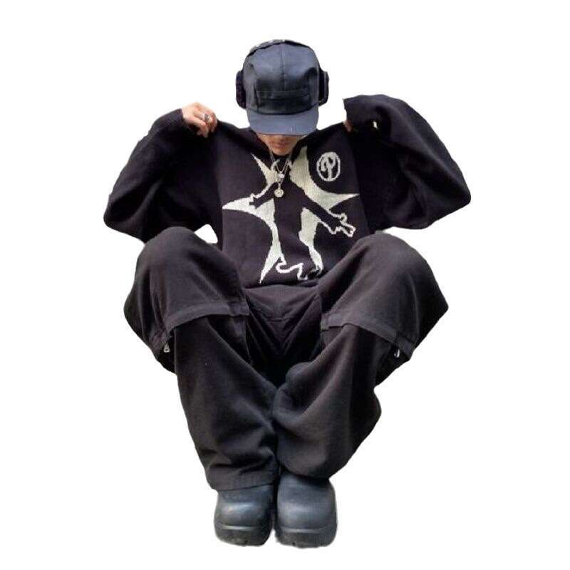 New hip-hop streetwear knitted men's Gothic printed pullover autumn Harajuku women's sweater