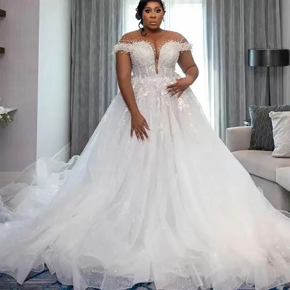 Plus Size African Wedding Dress with Sheer Necklace Lace-Up Back and Beaded Sequin Detail