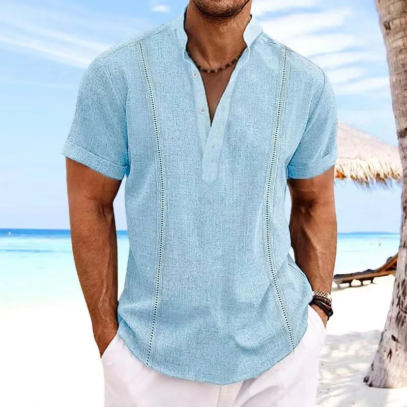 Mens stand collar solid color Cuban cotton hemp beach pullover short-sleeved slim-fit quick dry suction Han-white sports mens 250211