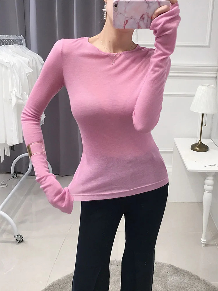 Sexy womens T-shirt long sleeved Korean style slim fit basic elastic T-shirt womens clothing T-shirt women 250208