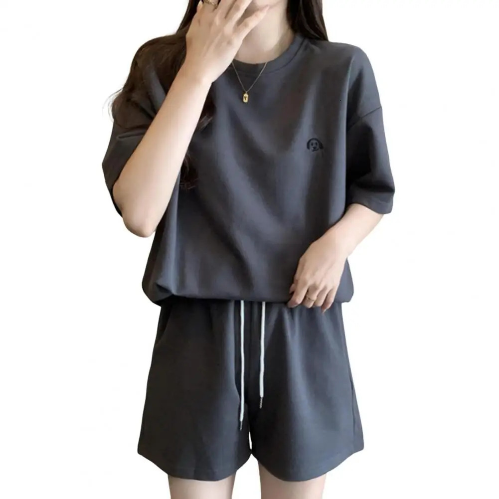 Women Tracksuit Womens Summer Tracksuit Set O Neck Short Sleeve T-shirt Drawstring Elastic Waist Shorts Sporty for Ladies 250213