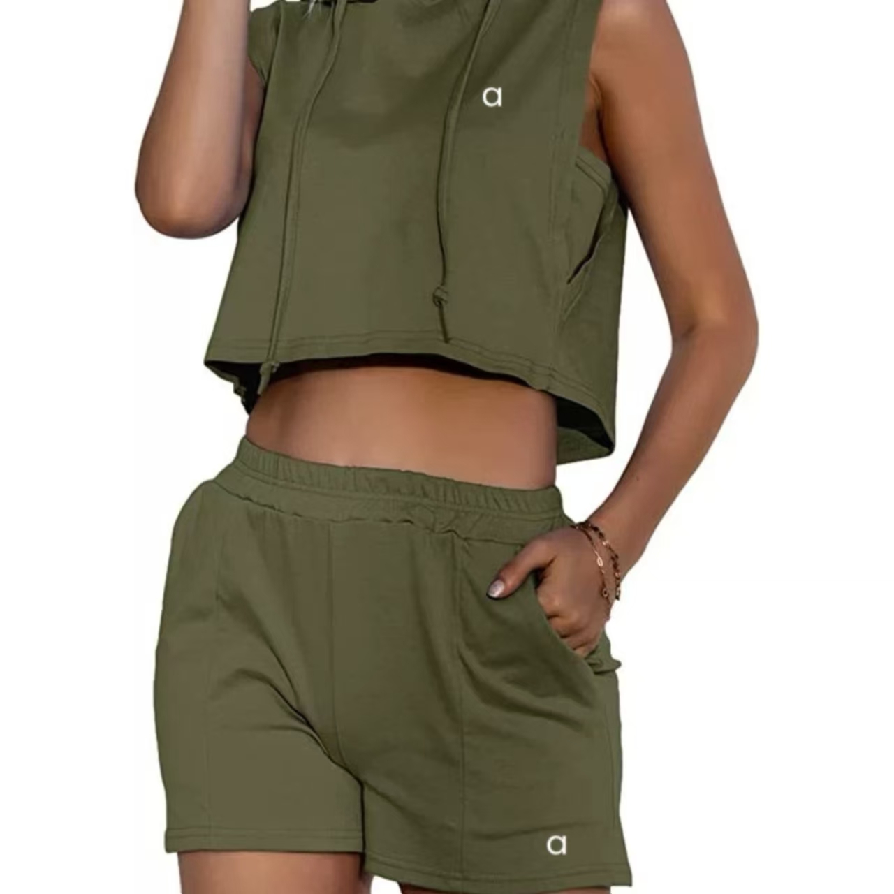 a2304 Women Sports Hooded Tank Suit Yoga Jogging Two Piece Set Summer Sleeveless Fitness Sweatshirt Workout Hoodie Shorts Jogger Suit Gym Tracksuit