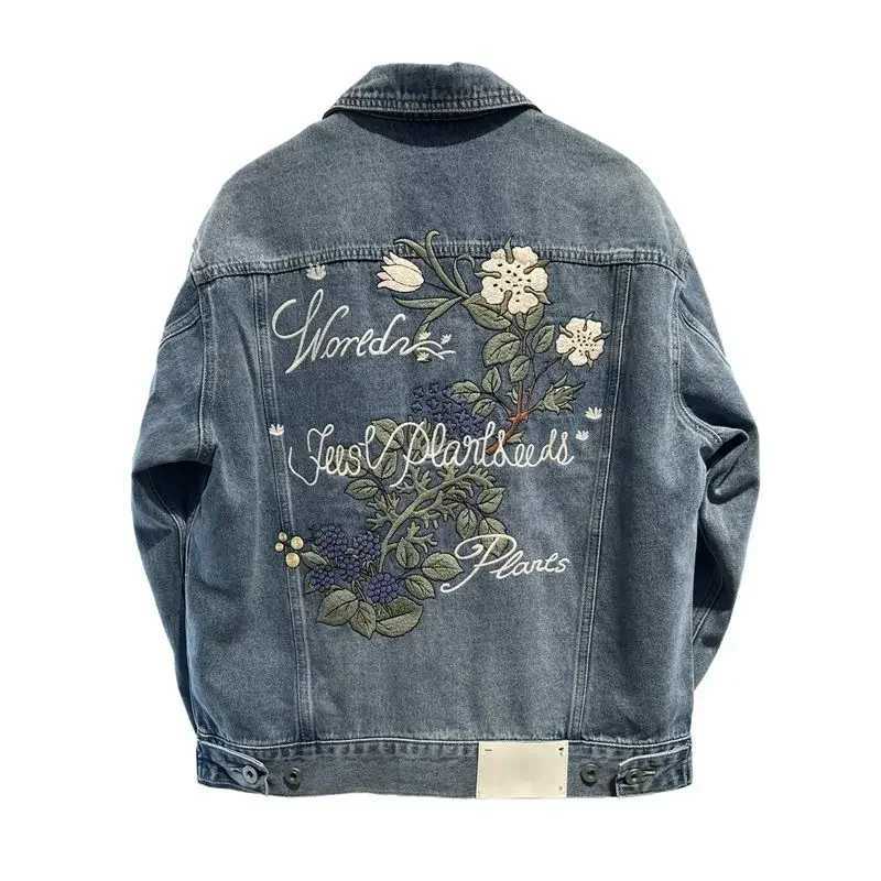 Mens Denim Jacket Blue Trendy Designer Male Jean Coats with Embroidery Flower Worn Korean Popular Clothes Elastic High Quality G X250213
