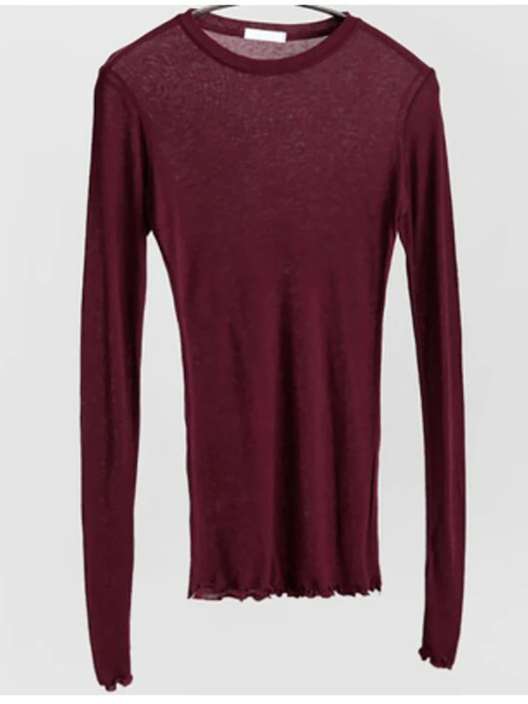 Slim High Quality Plain T Shirt Women Cotton Elastic Basic Tshirts Female Casual Tops Long Sleeve Sexy Thin Tshirt see through 250114