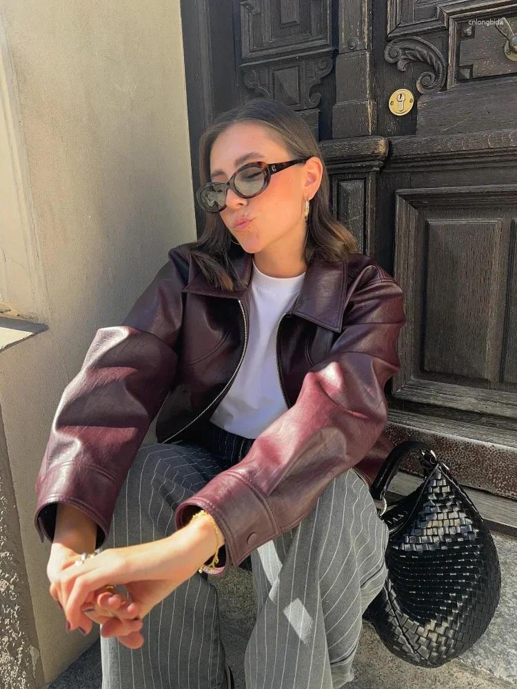 Women's Jackets Retro Bury Lapel Pu Short Leather Jacket Women Chic Zipper Long Sleeves Pocket Crop Coat Autumn Female Commuting Street