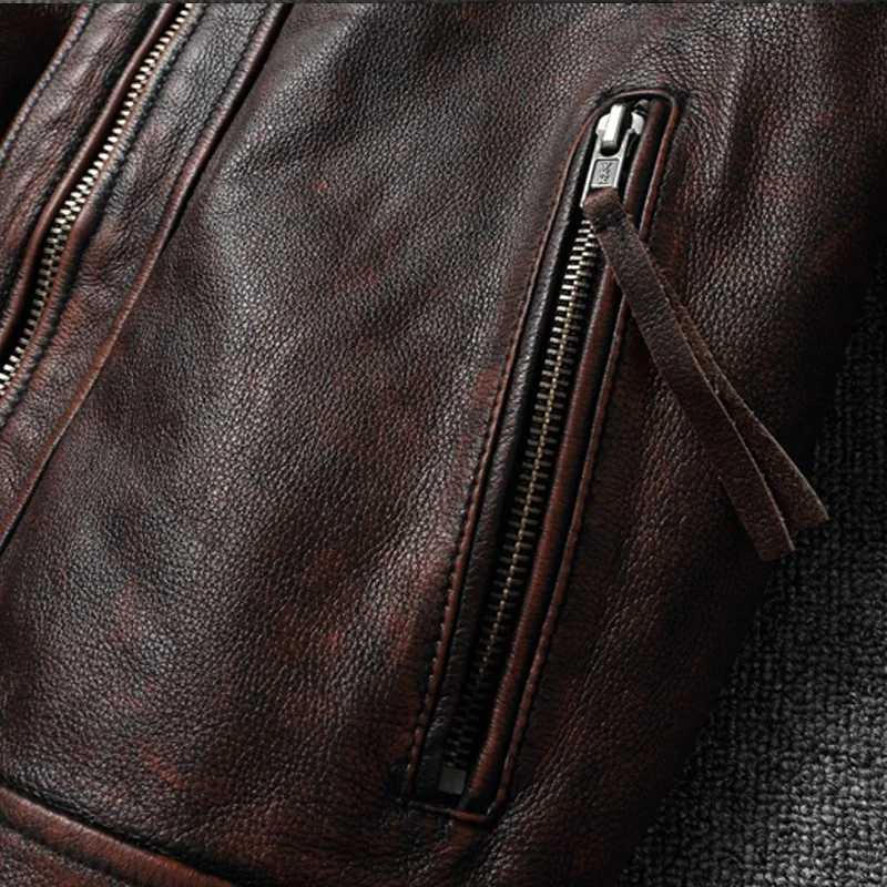 Top layer Cow Oversized Leather Jacket Red-Brown American retro Motorcycle Style Color Distressed High Sense Coat X250213