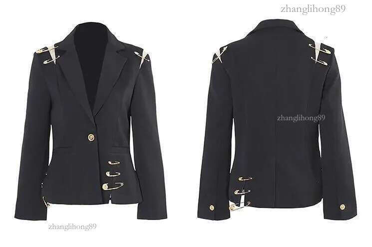 Womens Jackets Women Black Blazer With Golden Safety Pin Trims Slim Long sleeved Blazers 230818