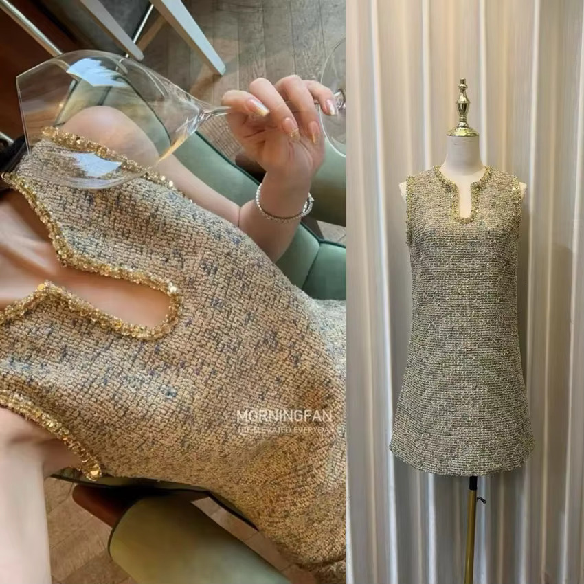 2024 Runway Women Dias Sequins V Neck Tank Prom Party Mini Dress Autumn Winter Tweed Sleeveless Vest Weave A E Clohtes