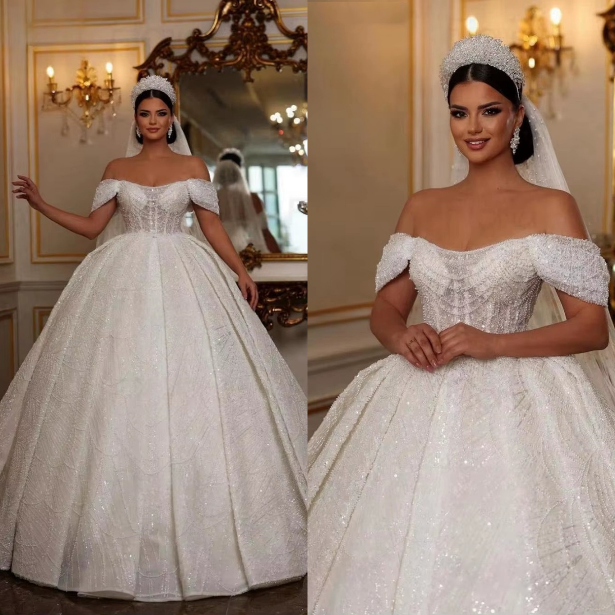 Elegant Ball Gown Wedding Dress For Women Off Shoulder Sleeveless Bridal Gowns Sequins Sweep Train Dresses Custom Made vestidos de novia