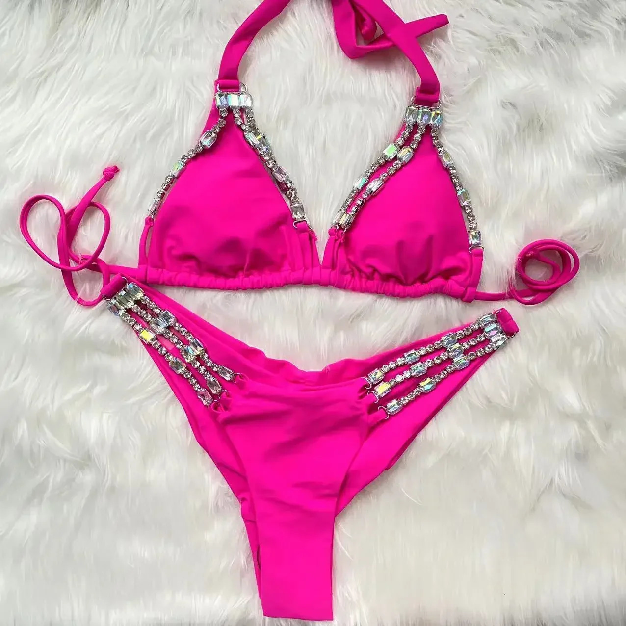 Rhinestone Bikini Women Sexy Pink Diamond Lace Up Halter Swimsuit Metal Chain Beach Bathing Suit Push Up Swimwear 250213