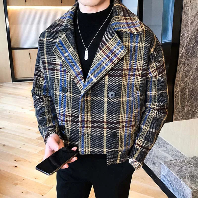 Wool Blend Trench Jackets Autumn Winter Short Loose Jacket Korean Fashion Plaid Mens DoubleBreasted Tweed Coat 250109