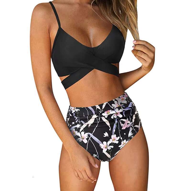 Two-Pieces Push-Up Padded Bra Bandage Bikini Set Women Criss Cross High Waisted String Ral Printed Bathing Suits
