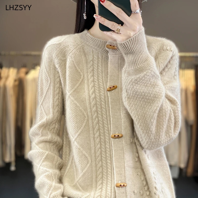 LHZSYY Fall/Winter 100%Pure Wool Cardigan Womens O-Neck Jacquard Coat Casual Large Size Sweater Warm Knit Top Female Jacket 250206