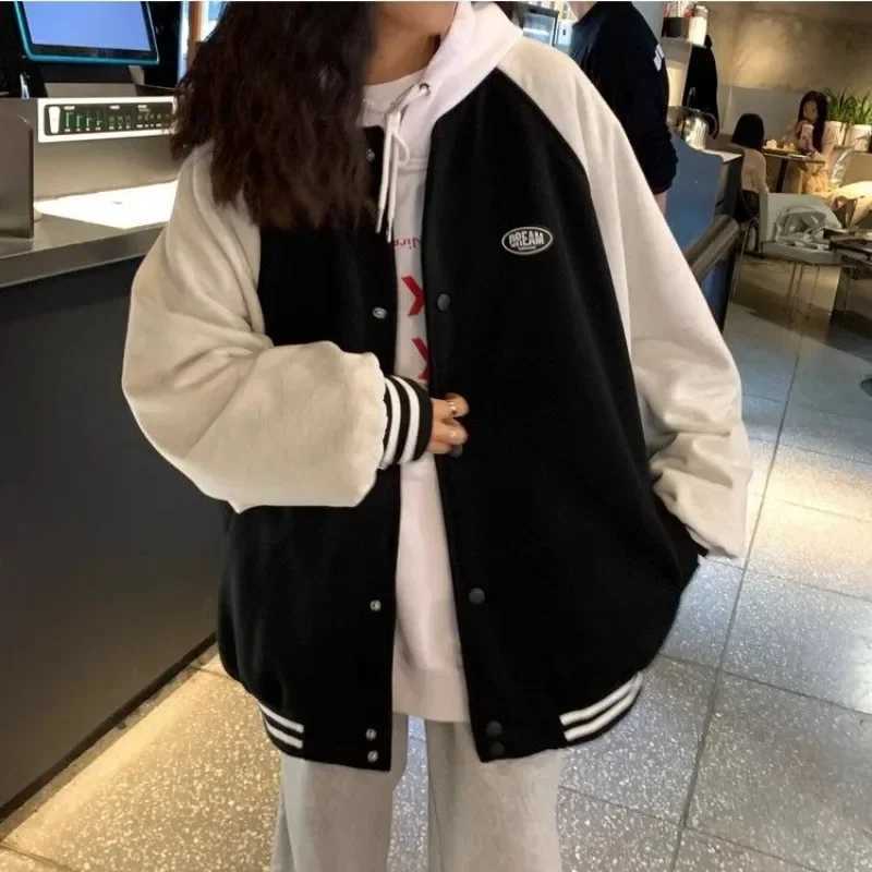 Bomber Jackets Loose Fashion Patchwork Outerwear Hooded Women Long Sleeve Y2k Preppy Style American Vintage Blue White Coats X250213