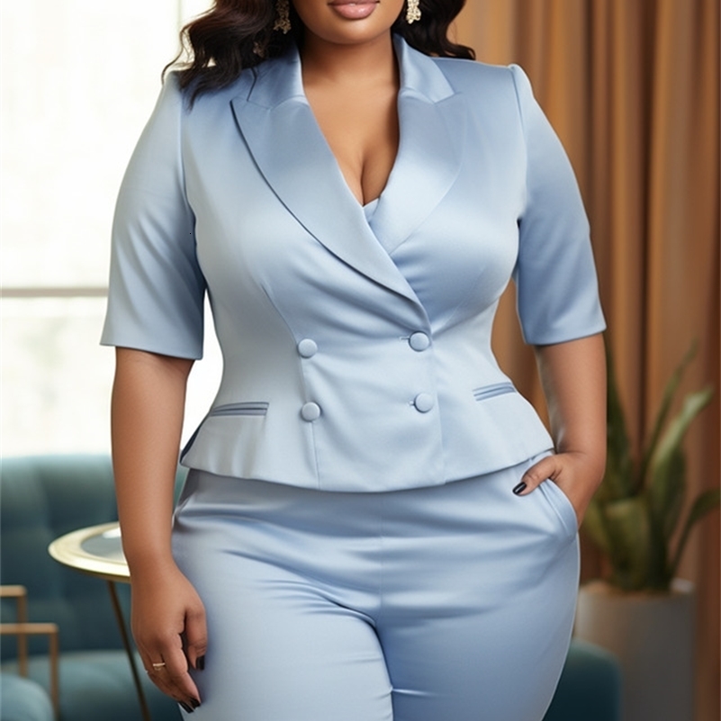 Large semi formal light blue lapel short sleeved satin twopiece set y250122