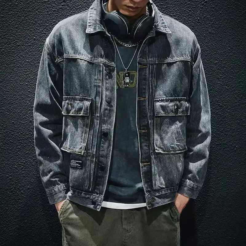 Mens Jean Coats Cargo Vintage Mens Denim Jacket Washed Aesthetic Outwear Menswear Korean Popular Clothes Size L Clothing Korea X250213