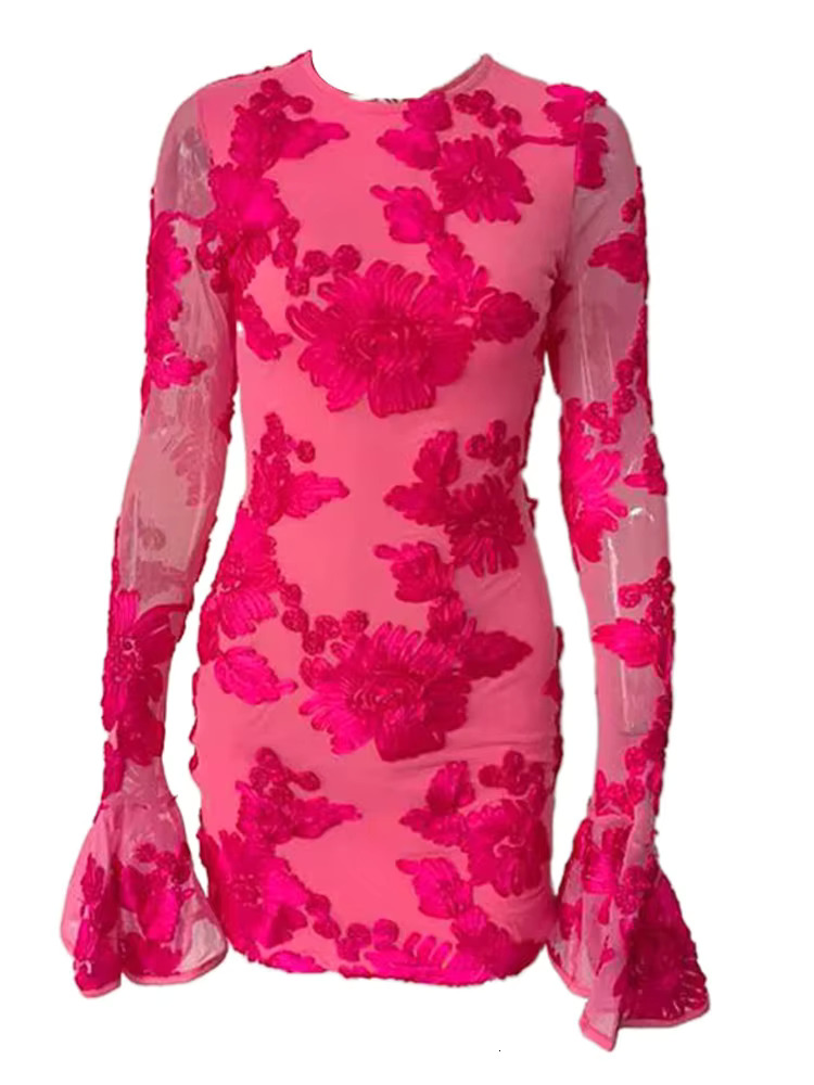 Beyprern Glam Rose Pink Ral Backless Short Elegant Party Dresses For Women Long Sleeve Embroidered Birthday Dress