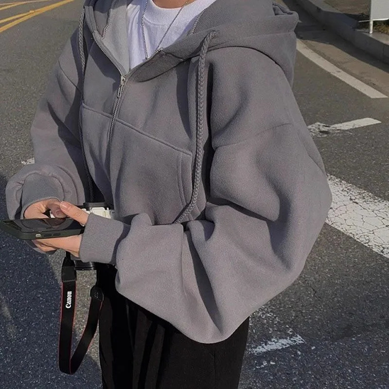 Autumn Winter Hooded Hoodies Women Casual Streetwear Zip Up Sweatshirts Long Sleeve Jackets Harajuku Y2K Crop Tops Hood Shirt 250213