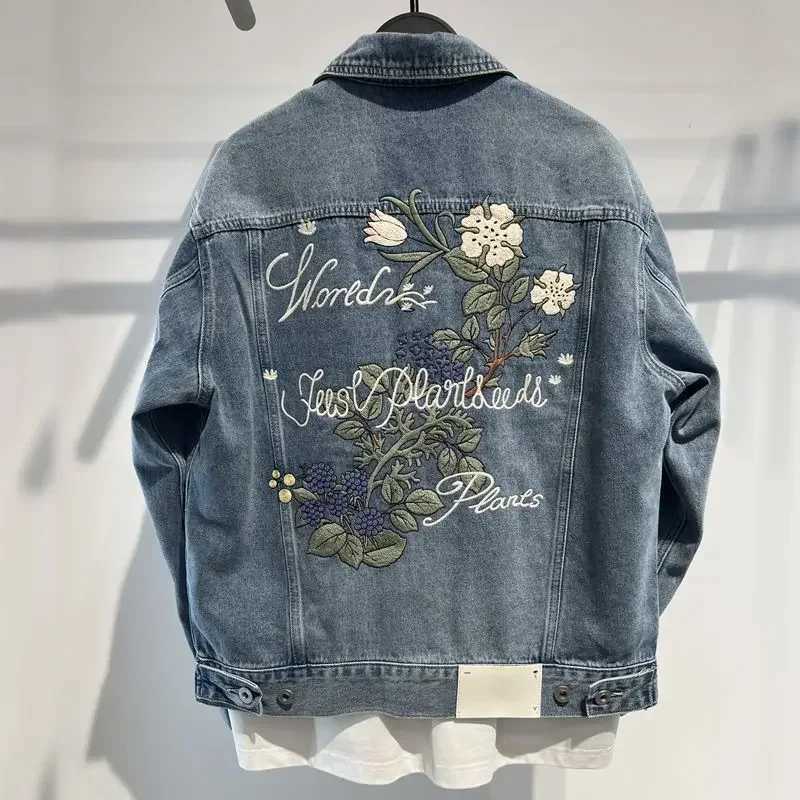 Mens Denim Jacket Blue Trendy Designer Male Jean Coats with Embroidery Flower Worn Korean Popular Clothes Elastic High Quality G X250213