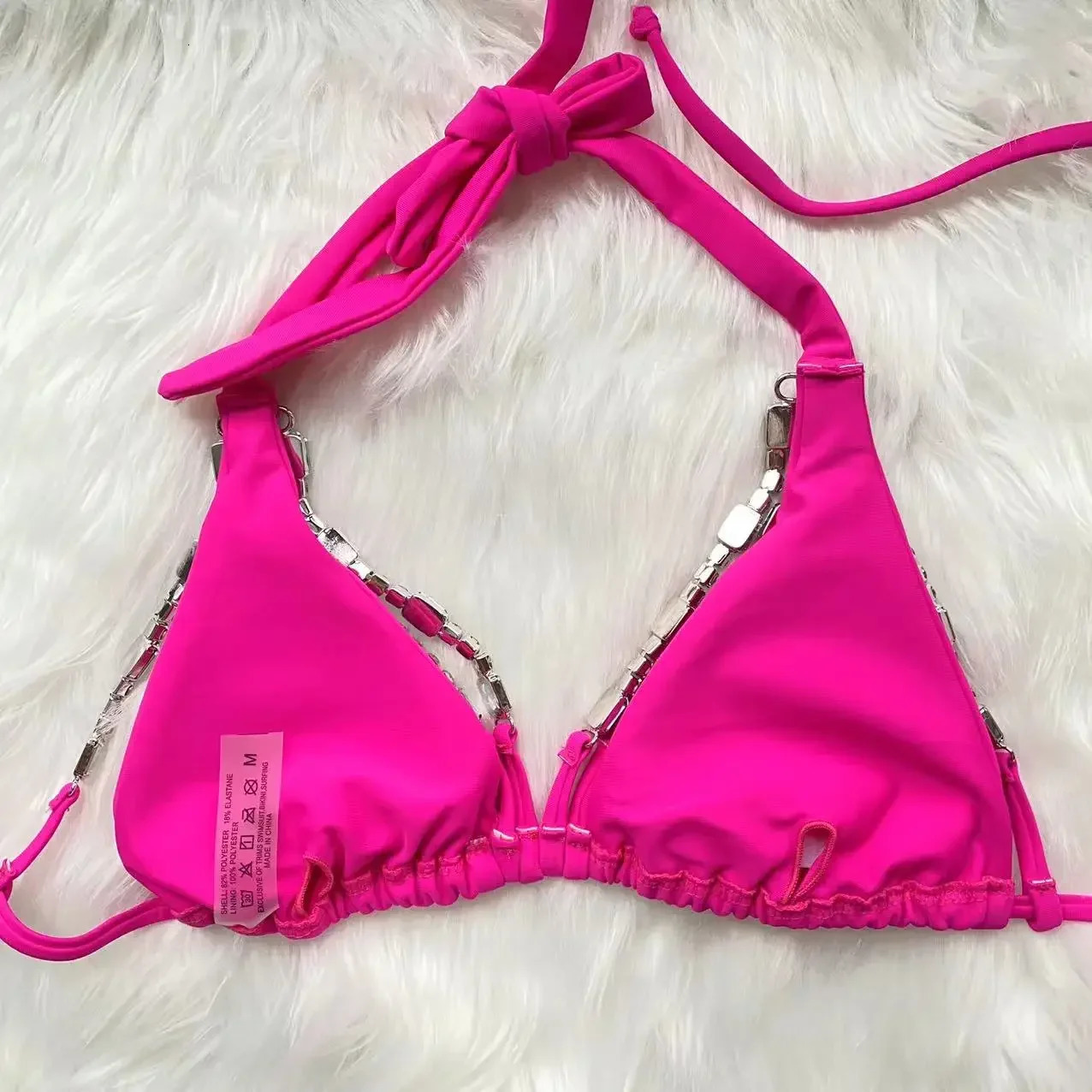 Rhinestone Bikini Women Sexy Pink Diamond Lace Up Halter Swimsuit Metal Chain Beach Bathing Suit Push Up Swimwear 250213