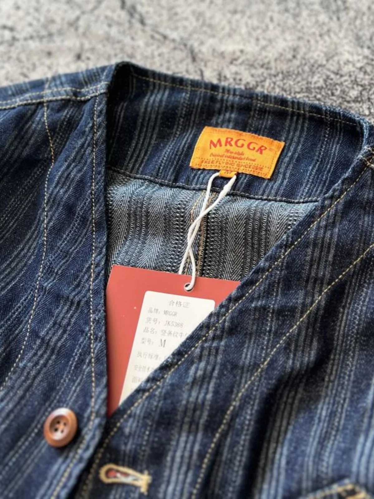 Japan Retro Collarless Layered Deep Blue Vertical Striped Cotton Casual Spring Autumn Mens Denim Jacket Shirts Outerwear Trendy X250213