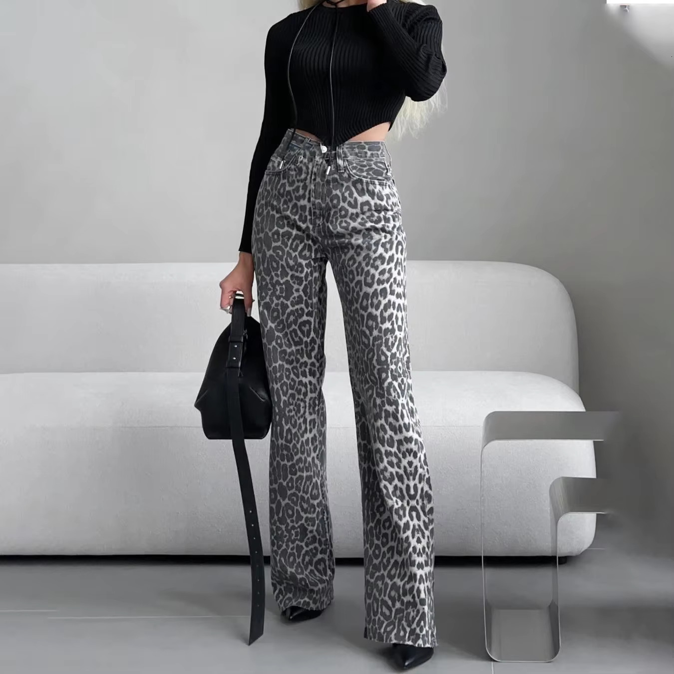 2025 New Spring And Summer Fashion Baggy Leopard High-Waisted Straight Leg Button Pants Leisure Elastic Women Jeans