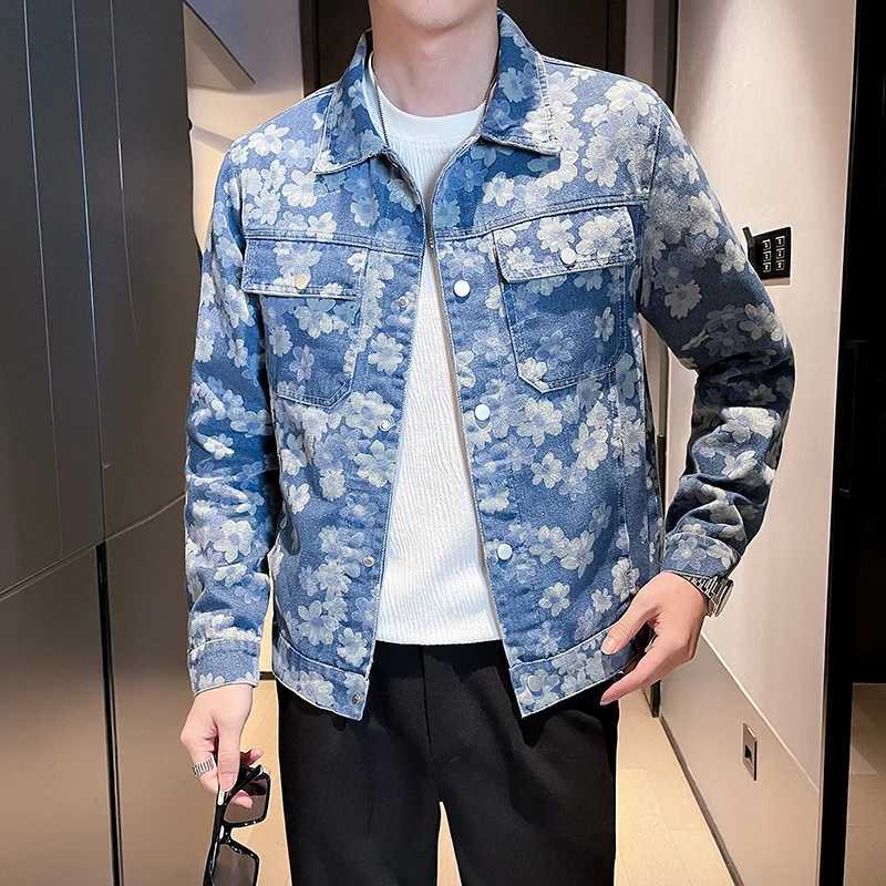 Korean floral print denim jacket slim fit mens denim jacket fashionable casual jacket social street clothing mens clothing M-4XL X250213