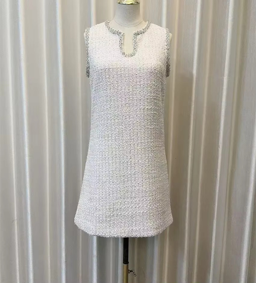2024 Runway Women Dias Sequins V Neck Tank Prom Party Mini Dress Autumn Winter Tweed Sleeveless Vest Weave A E Clohtes