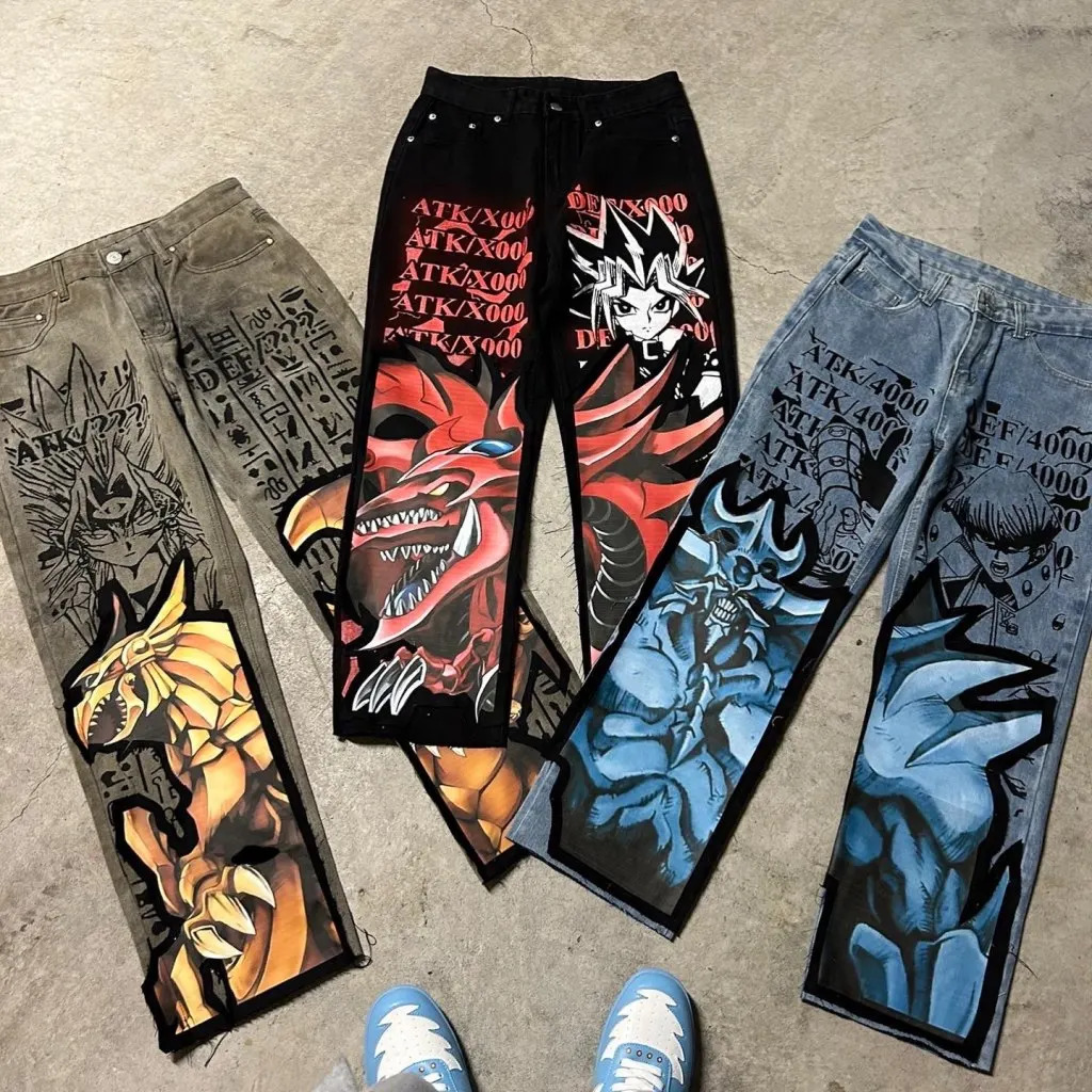 Harajuku anime printing bag jeans wide leg denim pants Y2K mens jeans street retro couple trouser mens clothing 250210