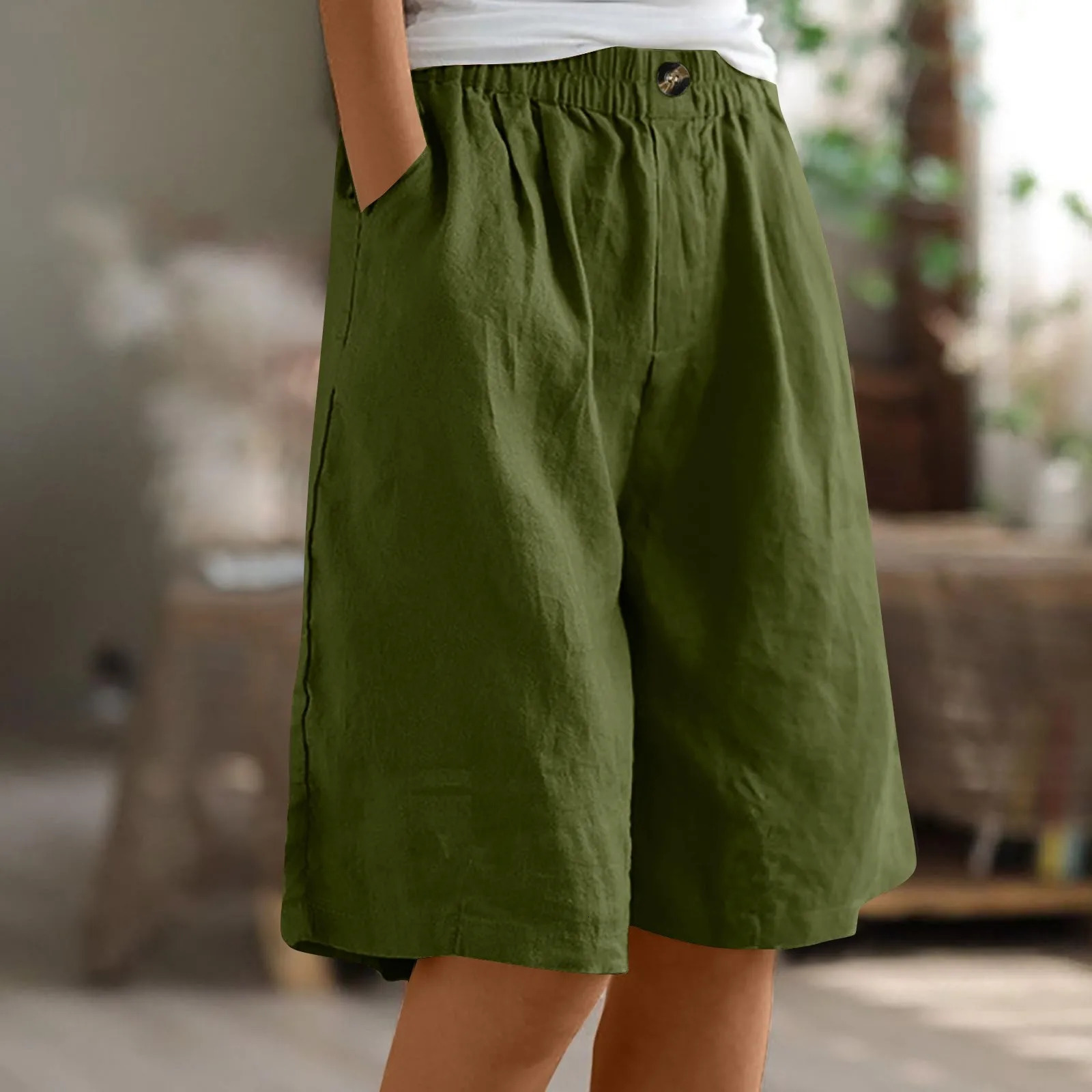 Womens Fashion Solid Color Pants Pocket Button Top Loose Elastic Waist Cotton Linen Shorts 250210