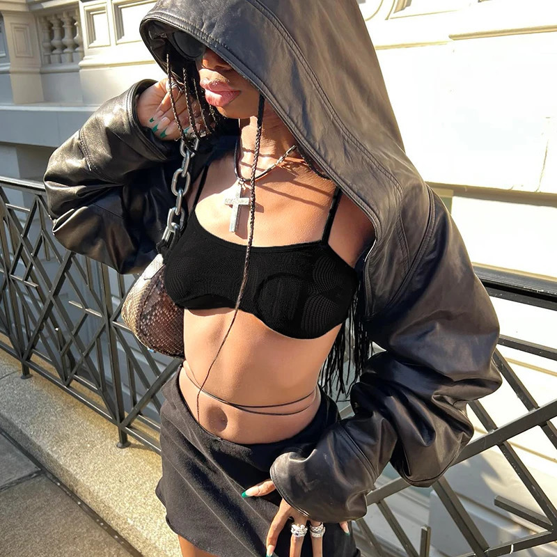 BIIKPIIK Fashion Streetwear Leather Jacket Punk Gothic Black Hooded Coat For Women Full Sleeve All-match Outfit Club Vintage 250206