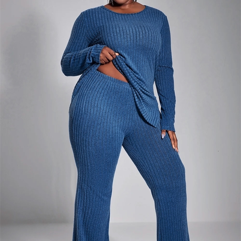 Plus Size Fall Winter Casual Pant Set Royal Blue Solid Color Slim Fit Knitted Round Neck Top Two Piece y250122