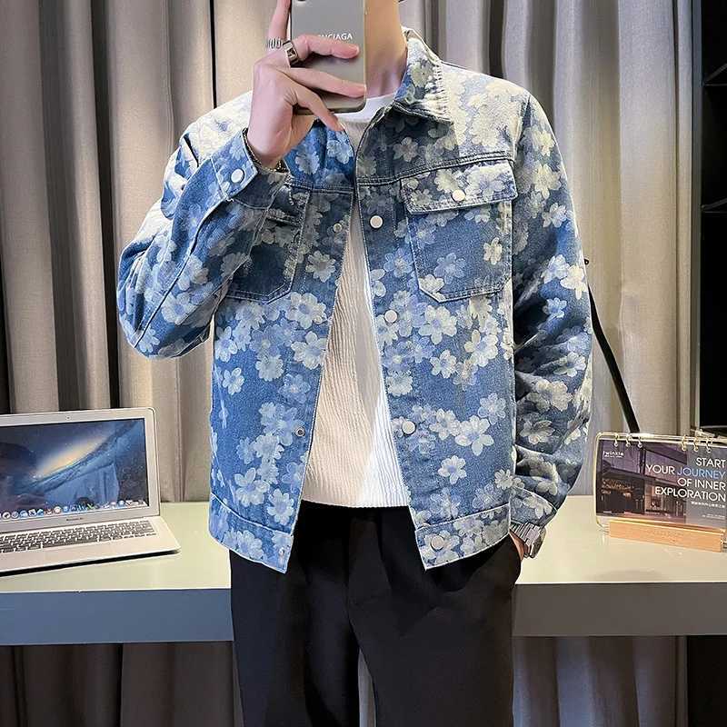 Korean floral print denim jacket slim fit mens denim jacket fashionable casual jacket social street clothing mens clothing M-4XL X250213