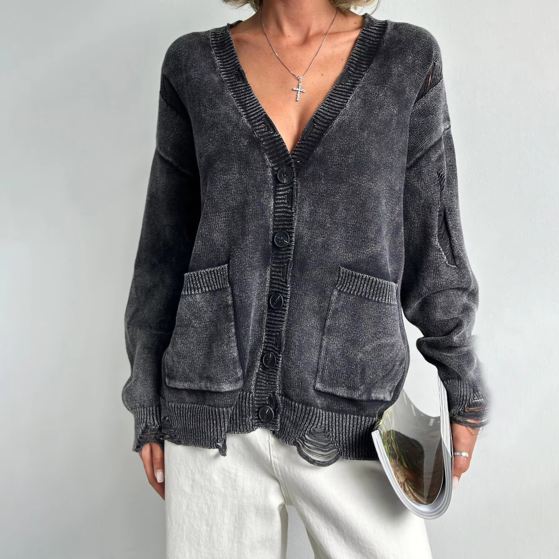 2025 New Hole Retro Vintage Button Knitted Cardigan Women Oversized Soft Tops Autumn Female Fashion Loose Fit Causal Sweater