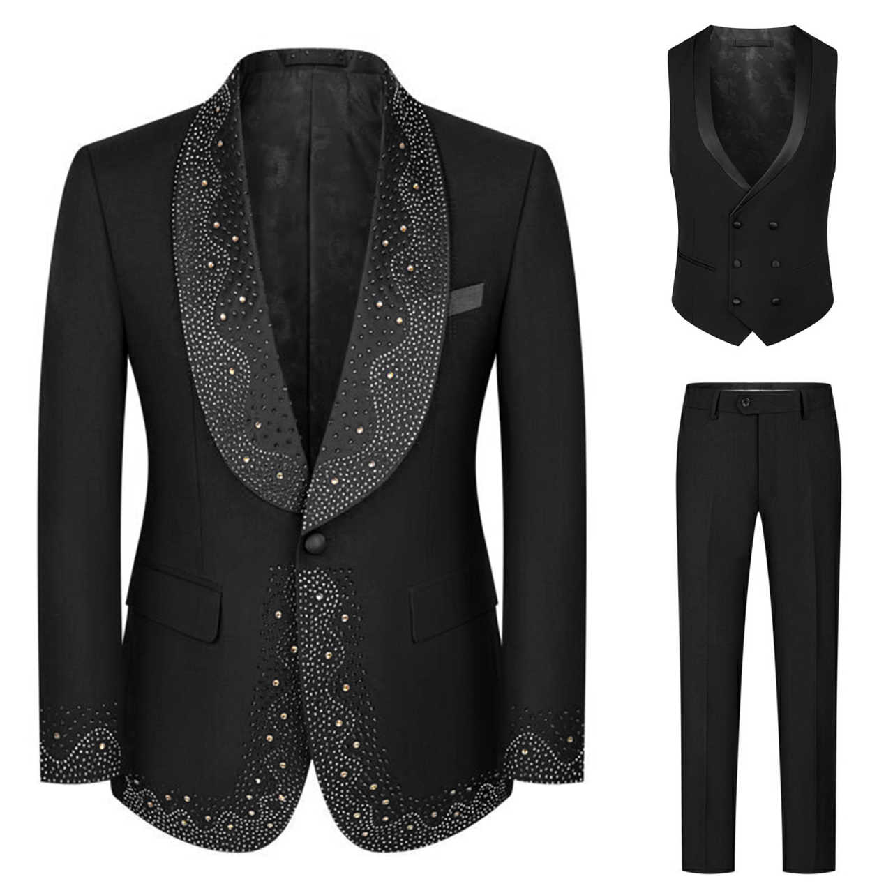 Handmade Wedding Tuxedos Beaded Crystal One Button Men Suits Shawl Lapel 3 Piece Set Jacket Vest Pants Groom Blazers Customized