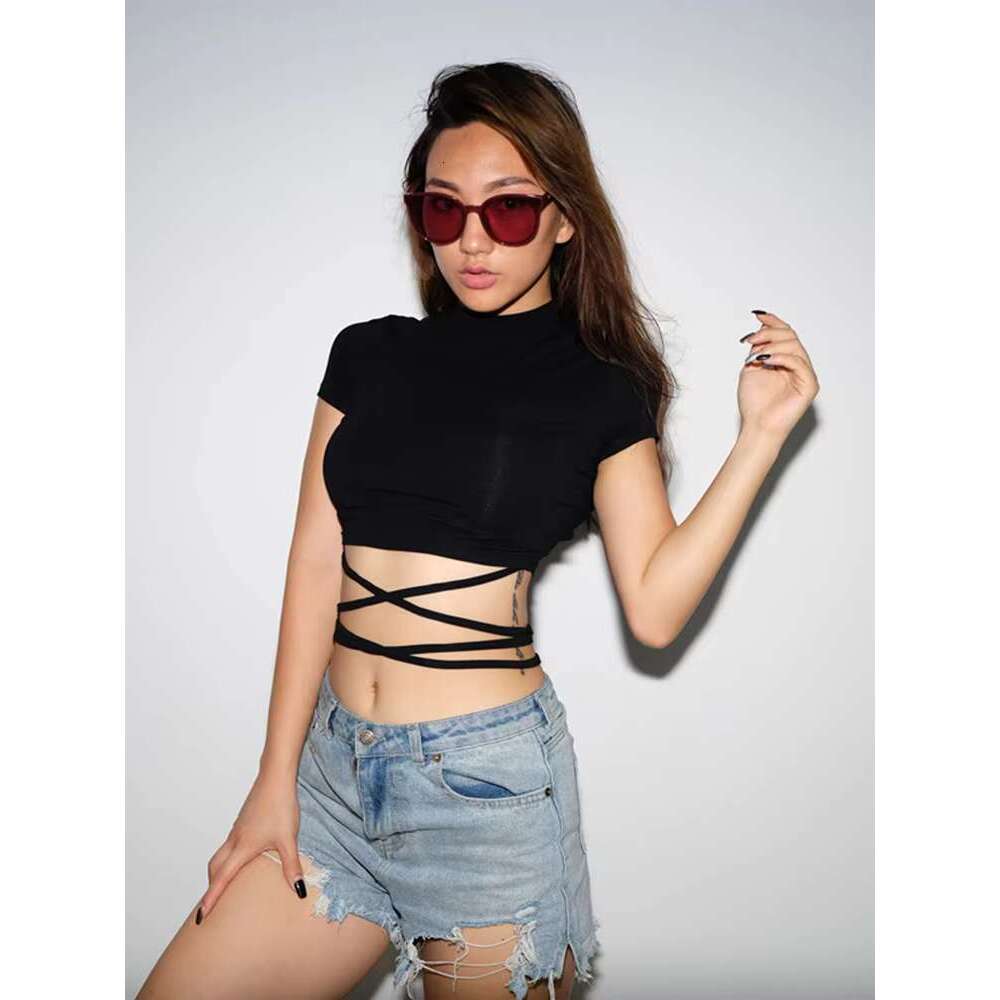 2021 Summer Women Black T-Shirts Sexy Crop Short Sleeve Bandage Tee Tops Female Shirts