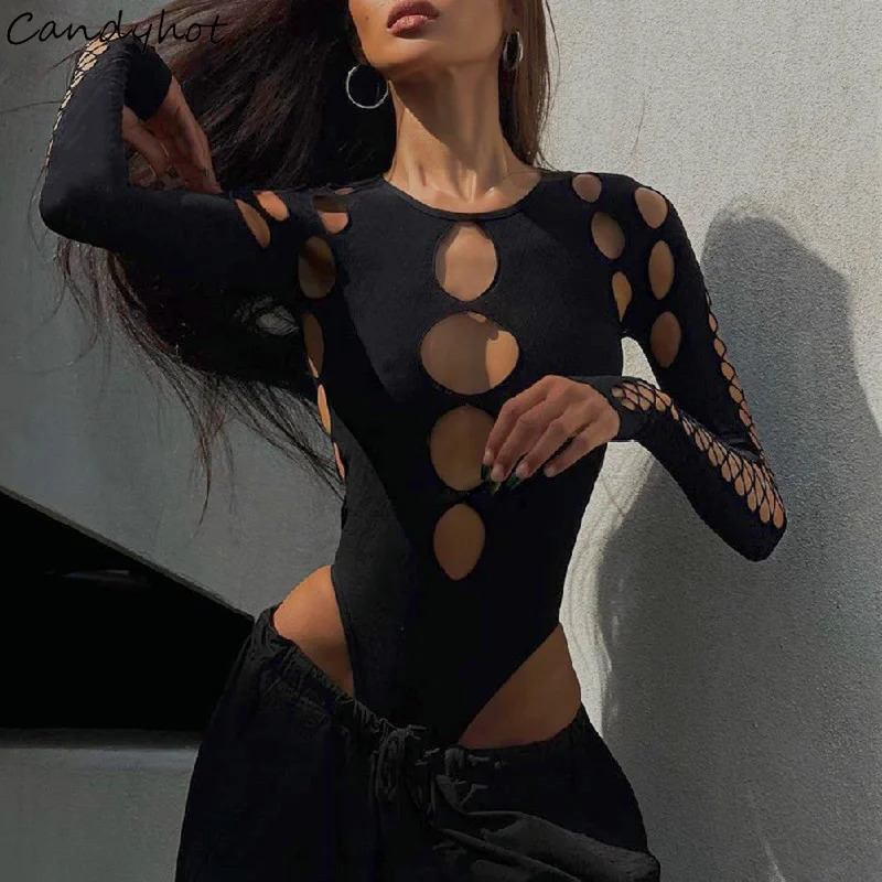 Candy Sexy Dot Hollow Out Bodysuit Y2K Gothic Punk Long Sleeves Bodycon Tshirt Women Autumn Streetwear Slim Bodice Bodysuits 250211