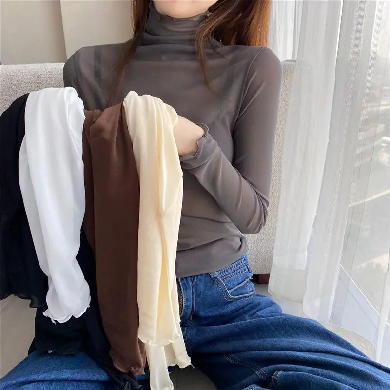 Sexy Women T Shirt See Through Transparent Mesh Tops Long Sleeve Sheer Slim Ladies Solid Turtleneck Silk T-Shirt Lace Crop Top 250208